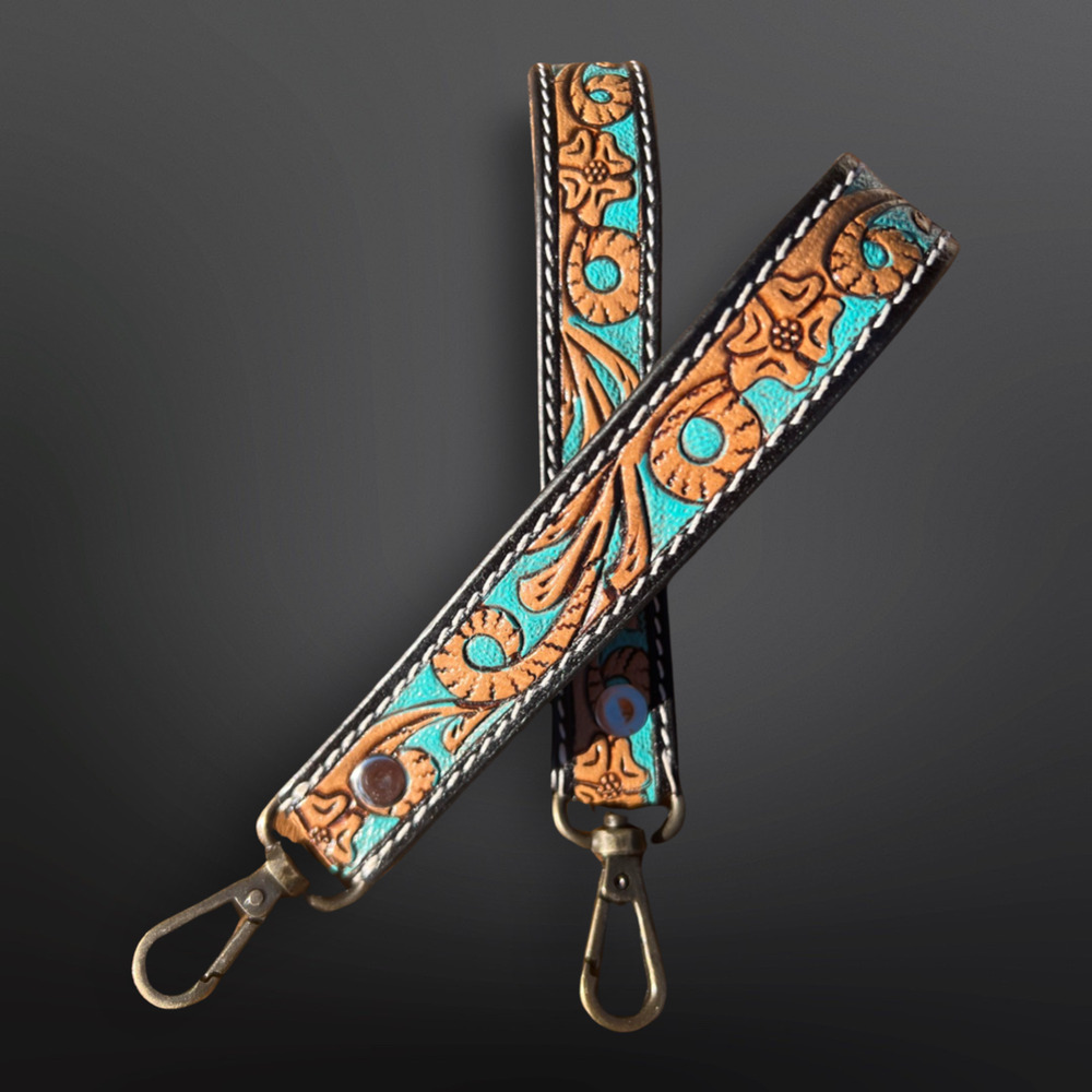Tooled Leather Wristlet Keychain - Turquoise & Brown